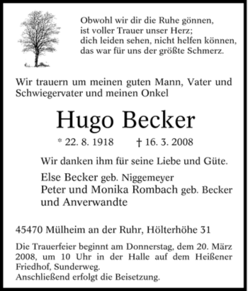Traueranzeige von Hugo Becker von Tageszeitung
