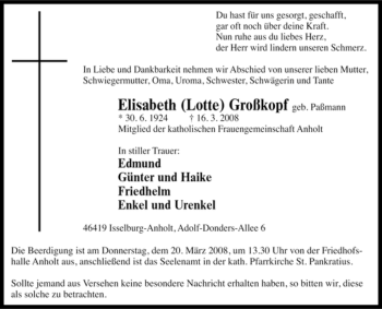 Traueranzeige von Elisabeth Großkopf von Tageszeitung