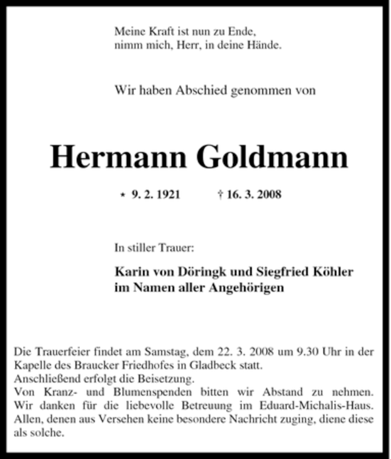  Traueranzeige für Hermann Goldmann vom 18.03.2008 aus Tageszeitung
