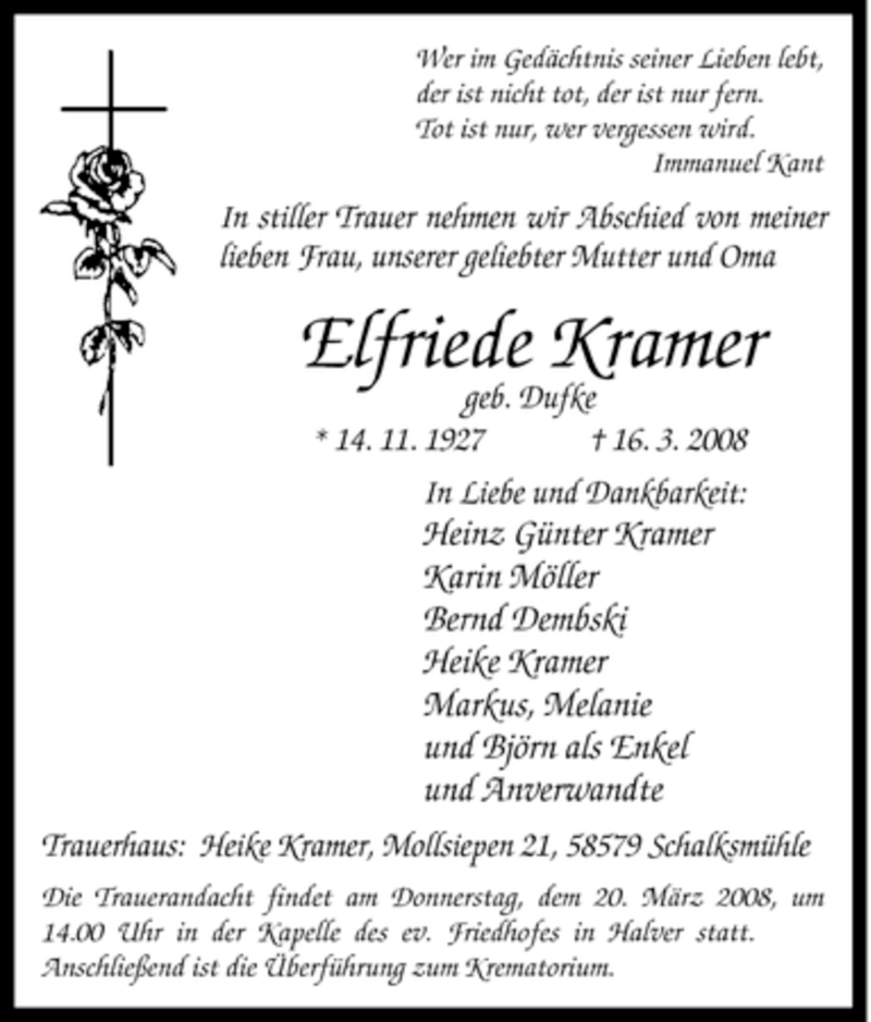  Traueranzeige für Elfriede Kramer vom 18.03.2008 aus Tageszeitung