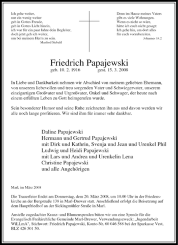 Traueranzeige von Friedrich Papajewski von Tageszeitung