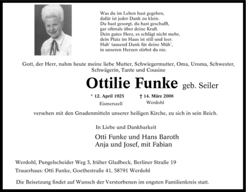  Traueranzeige für Ottilie Funke vom 18.03.2008 aus Tageszeitung