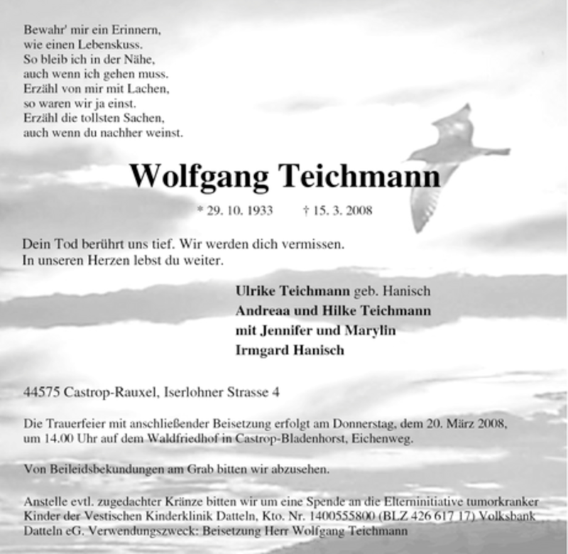  Traueranzeige für Wolfgang Teichmann vom 18.03.2008 aus Tageszeitung