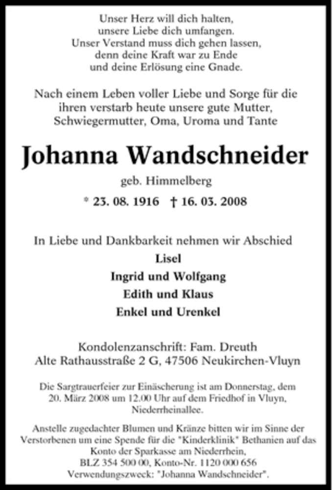  Traueranzeige für Johanna Wandschneider vom 18.03.2008 aus Tageszeitung
