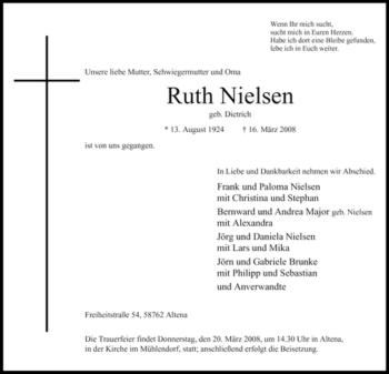 Traueranzeige von Ruth Nielsen von Tageszeitung