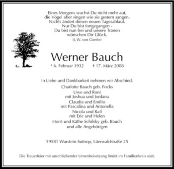 Traueranzeige von Werner Bauch von Tageszeitung