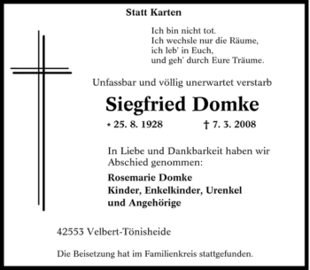 Traueranzeige von Siegfried Domke von Tageszeitung