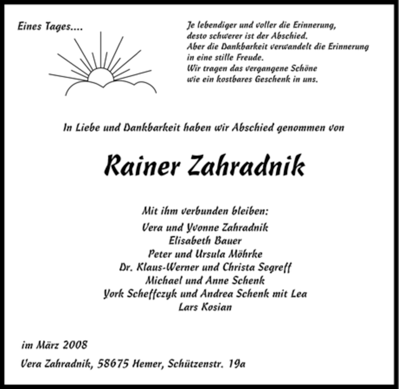  Traueranzeige für Rainer Zahradnik vom 19.03.2008 aus Tageszeitung