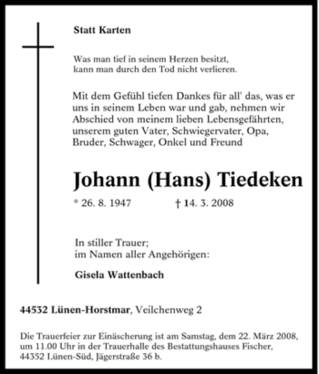 Traueranzeige von Johann Tiedeken von Tageszeitung