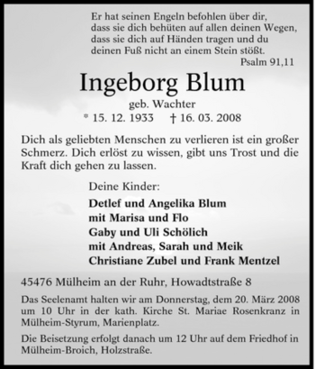 Traueranzeige von Ingeborg Blum von Tageszeitung