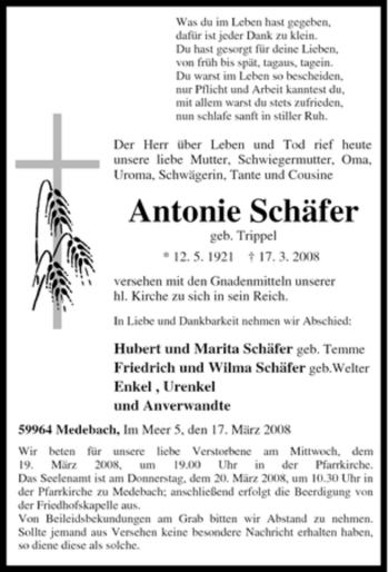 Traueranzeige von Antonie Schäfer von Tageszeitung