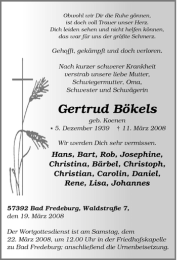 Traueranzeige von Gertrud Bökels von Tageszeitung