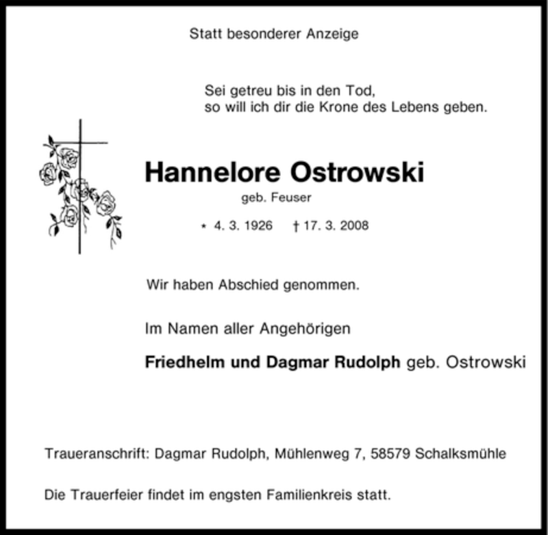  Traueranzeige für Hannelore Ostrowski vom 19.03.2008 aus Tageszeitung