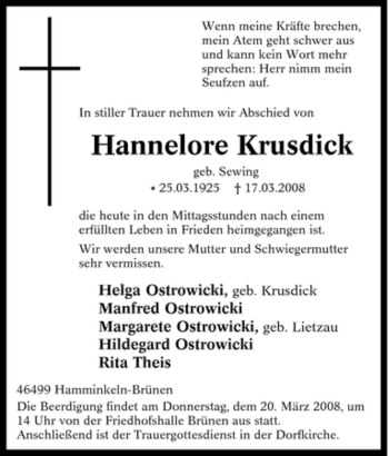 Traueranzeige von Hannelore Krusdick von Tageszeitung