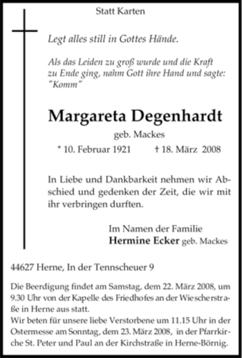 Traueranzeige von Margareta Degenhardt von Tageszeitung