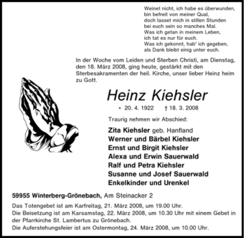 Traueranzeige von Heinz Kiehsler von Tageszeitung