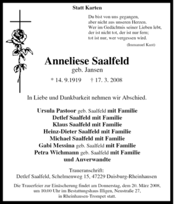 Traueranzeige von Anneliese Saalfeld von Tageszeitung