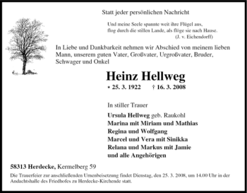 Traueranzeige von Heinz Hellweg von Tageszeitung