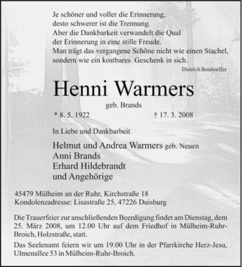Traueranzeige von Henni Warmers von Tageszeitung
