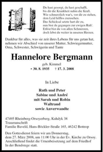 Traueranzeige von Hannelore Bergmann von Tageszeitung