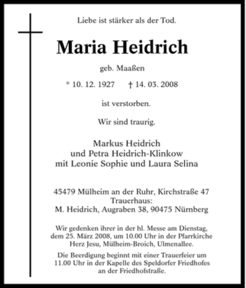 Traueranzeige von Maria Heidrich von Tageszeitung