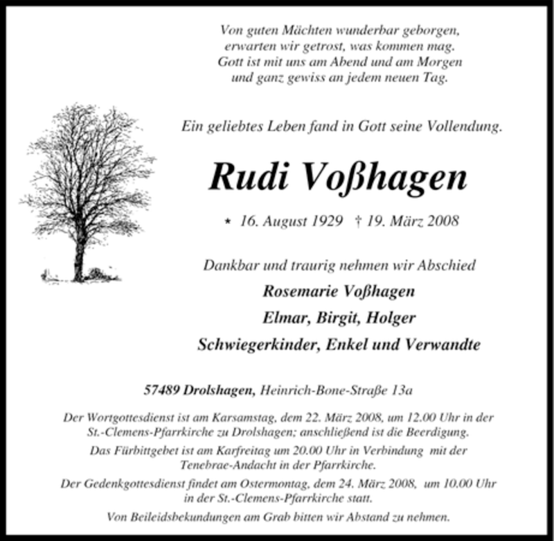  Traueranzeige für Rudi Voßhagen vom 20.03.2008 aus Tageszeitung