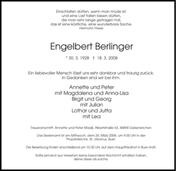 Traueranzeige von Engelbert Berlinger von Tageszeitung