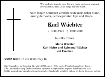 Traueranzeigen von Karl Wächter TrauerinNRW.de