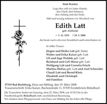 Traueranzeige von Edith Latt von Tageszeitung