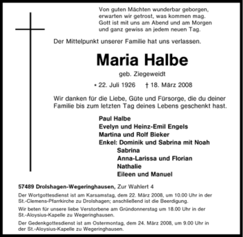 Traueranzeige von Maria Halbe von Tageszeitung