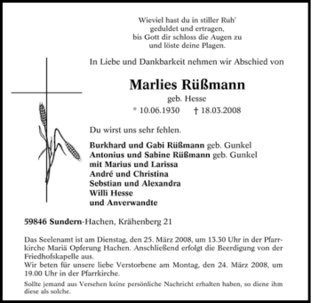 Traueranzeige von Marlies Rüßmann von Tageszeitung