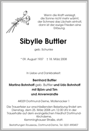Traueranzeige von Sibylle Buttler von Tageszeitung
