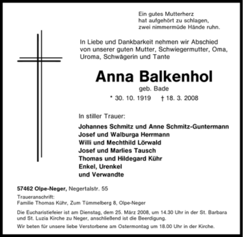 Traueranzeige von Anna Balkenhol von Tageszeitung