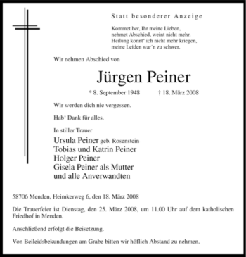 Traueranzeige von Jürgen Peiner von Tageszeitung