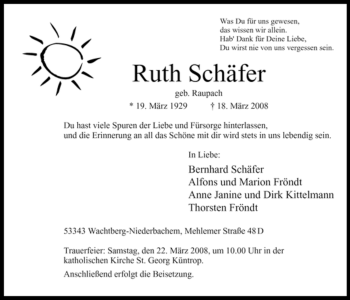Traueranzeige von Ruth Schäfer von Tageszeitung