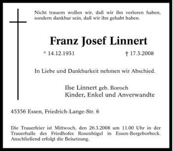 Traueranzeige von Franz Josef Linnert von Tageszeitung
