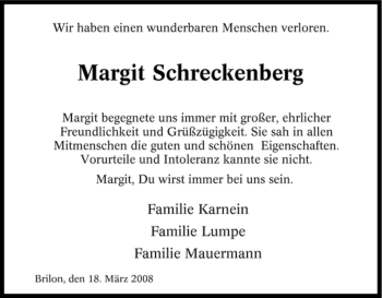 Traueranzeige von Margit Schreckenberg von Tageszeitung