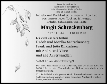 Traueranzeige von Margit Schreckenberg von Tageszeitung
