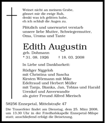 Traueranzeige von Edith Augustin von Tageszeitung