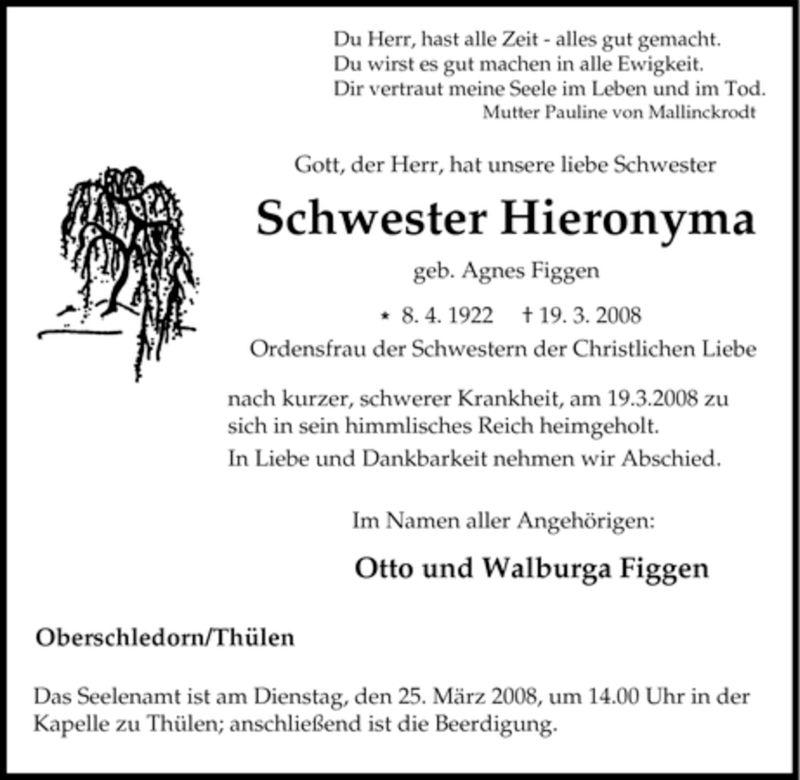 Traueranzeigen Von Schwester Hieronyma | Trauer-in-NRW.de