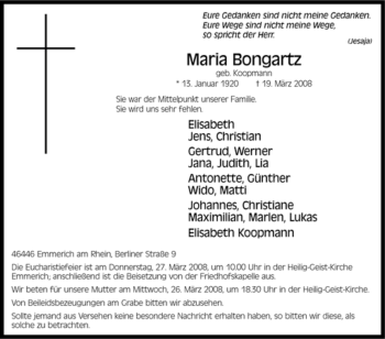 Traueranzeige von Maria Bongartz von Tageszeitung