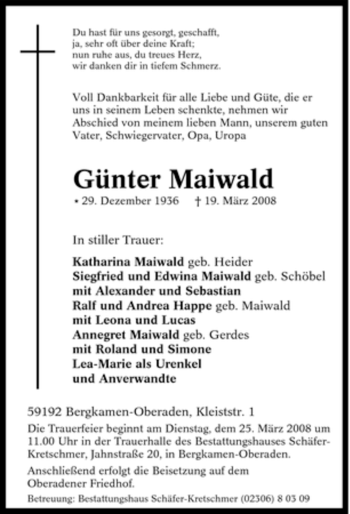 Traueranzeige von Günter Maiwald von Tageszeitung