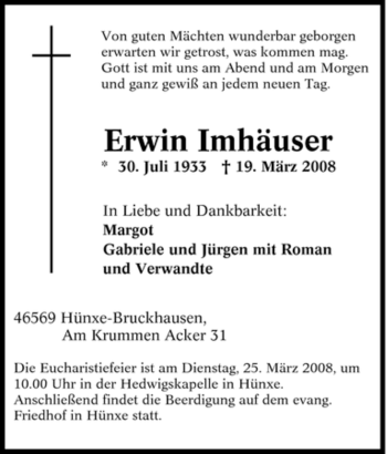 Traueranzeige von Erwin Imhäuser von Tageszeitung