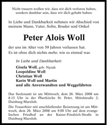 Traueranzeige von Peter Alois Woll von Tageszeitung