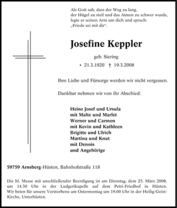 Traueranzeige von Josefine Keppler von Tageszeitung
