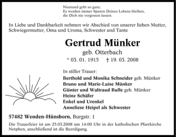 Traueranzeige von Gertrud Münker von Tageszeitung