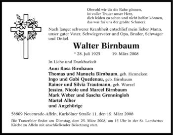 Traueranzeige von Walter Birnbaum von Tageszeitung