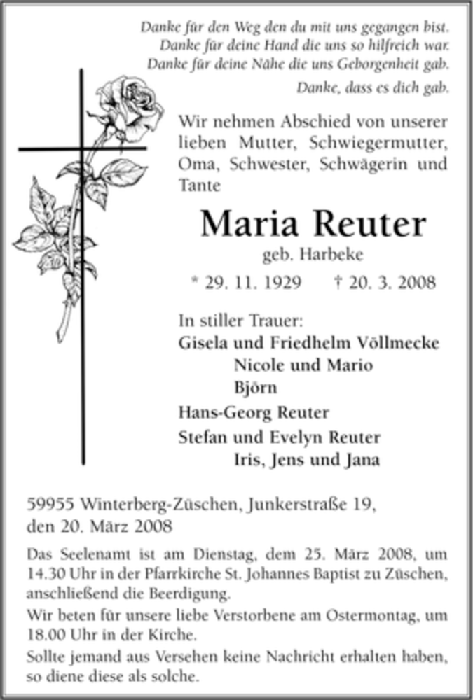  Traueranzeige für Maria Reuter vom 22.03.2008 aus Tageszeitung