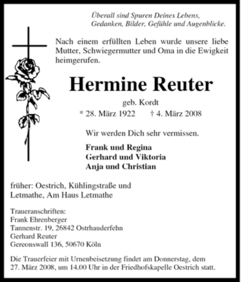Traueranzeige von Hermine Reuter von Tageszeitung