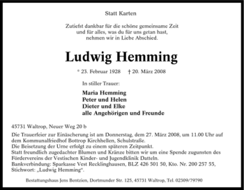 Traueranzeige von Ludwig Hemming von Tageszeitung